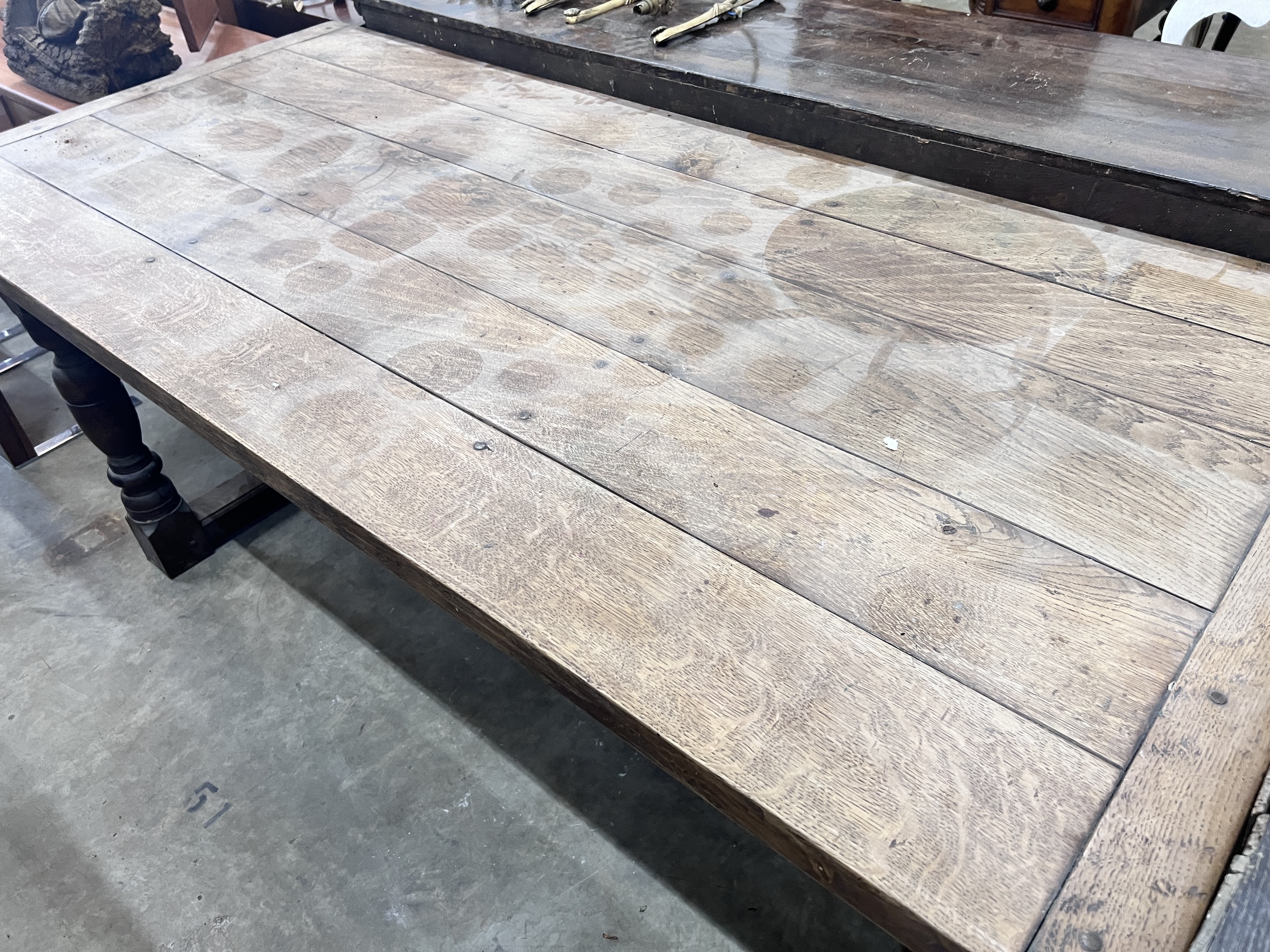 An 18th century style rectangular oak refectory dining table, length 183cm, depth 85cm, height 78cm